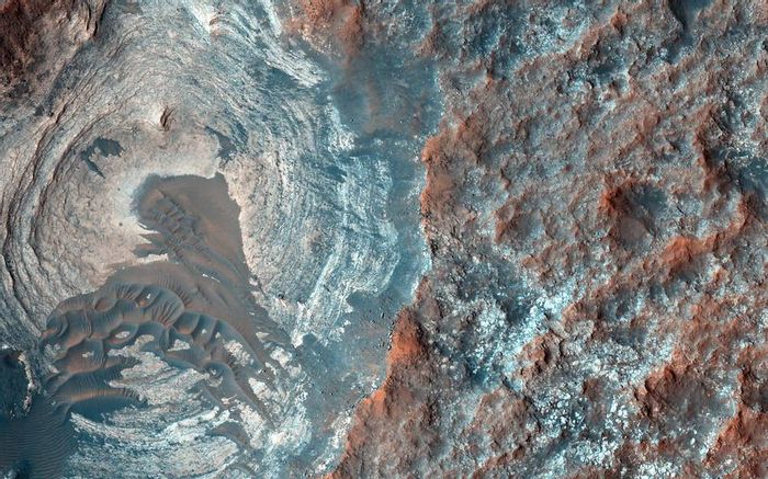 Dunes in a circular depression on Mars, taken by the Mars Reconnaissance Orbiter Dunes in a circular depression on Mars, taken by the Mars Reconnaissance Orbiter