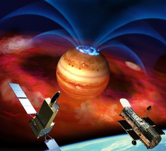 Artist's rendering of exploding auroras in Jupiter's magnetic field Artist's rendering of exploding auroras in Jupiter's magnetic field
