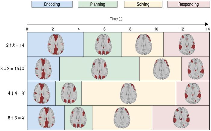 Depiction of problem-solving stage and duration for various types of math problems. For full explanation, see Figure 1 in Anderson et al. Psych Sci, 2016.